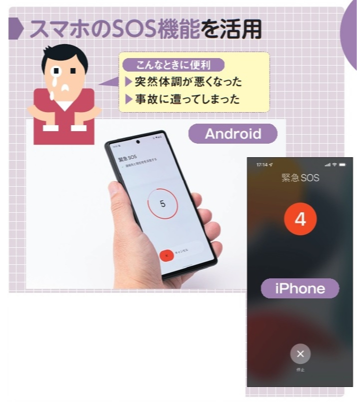図1 スマホには、AndroidとiPhoneのどちらも緊急時に現在地を通知する「SOS」機能がある。これを使うことで、家族などに自分の居場所を送れる。通知する相手は、事前登録が必要なので、万が一のときのために設定しておこう