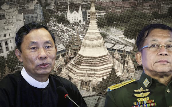 ミャンマー国軍のミンアウンフライン総司令官（右）とシュエマン元下院議長（左）の対立が表面化してきた＝ロイター