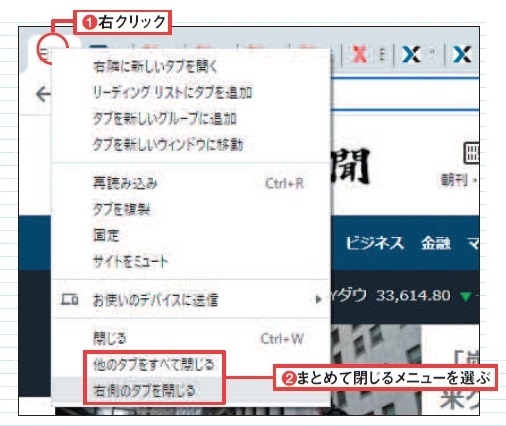 図2 必要なタブを右クリックして「他のタブをすべて閉じる」を選ぶと(1、2)、そのタブのみが残る。「右側のタブを閉じる」を選ぶと、そのタブより右側がすべて閉じる