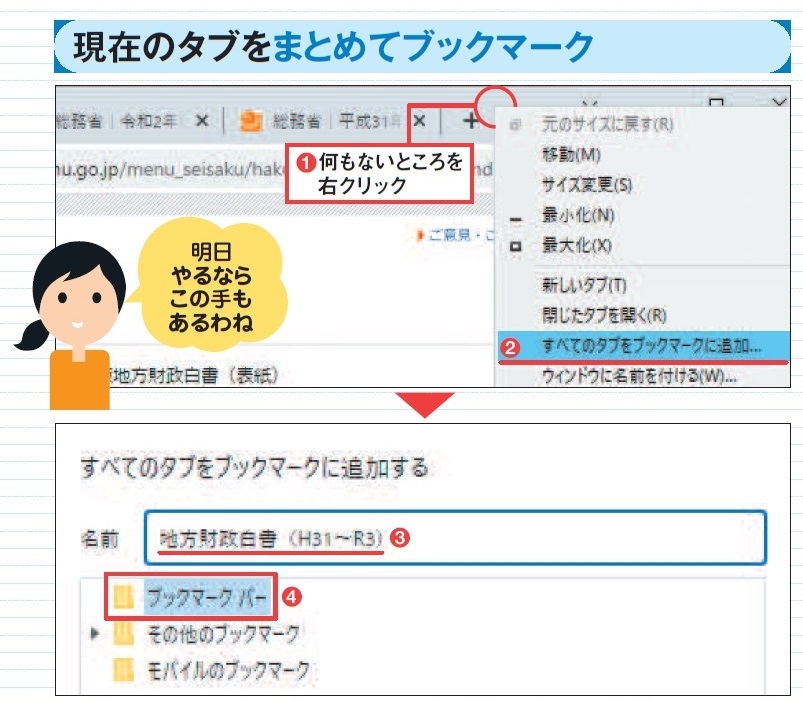 図2 ツールバーの何もないところを右クリックして「すべてのタブをブックマークに追加」( Edge では「開いているページをお気に入りに追加」)を選択(1、2)。名前を付け(3)、保存先(ブックマークバー)を指定して(4)、画面下の「保存」を押す