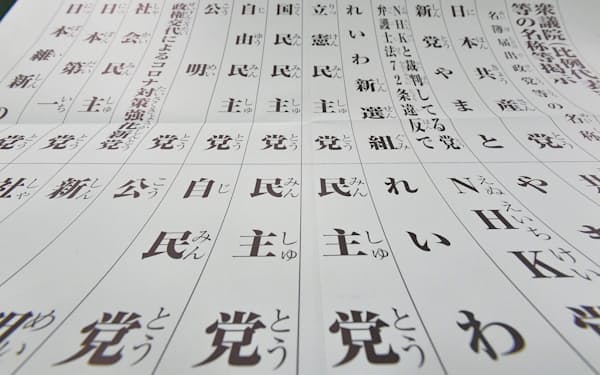 21年衆院選で都内の投票所に掲示される紙に記された政党名と略称。立民、国民が「民主党」を使った
