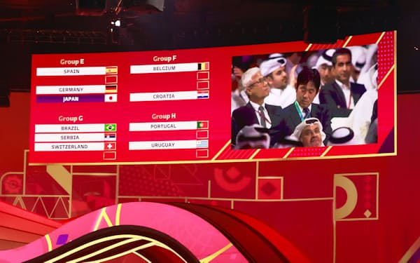 サッカーW杯カタール大会の組み合わせ抽選会で、日本がE組に入ったことを示すモニター＝共同