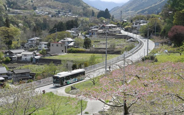 甲府市と富士吉田市をつなぐ峠道を走る路線バス。沿道の桃畑には花が咲く