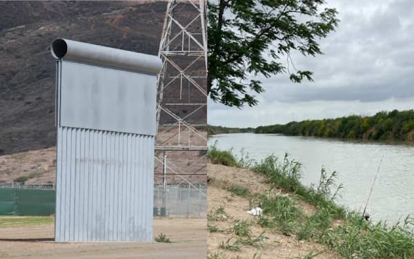 左はトランプ前政権が試作した「国境の壁」（18年3月、カリフォルニア州サンディエゴ）。右は壁の建設が撤回されたリオグランデ川（22年4月下旬、テキサス州ラレド）