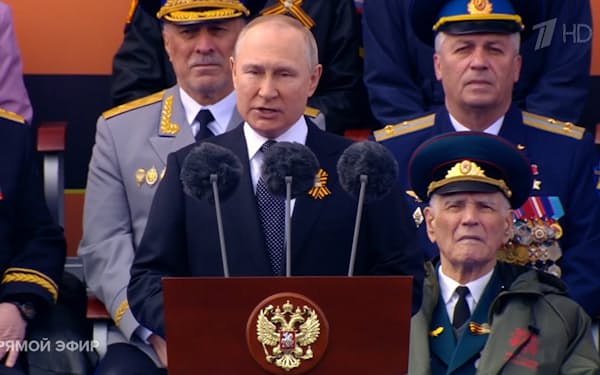 戦勝記念日を迎え演説するロシアのプーチン大統領＝ロシア国営放送から