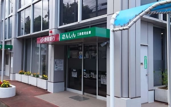 入り口の表示も2つの金融機関が並んでいる(静岡銀行と三島信用金庫の共同店舗)