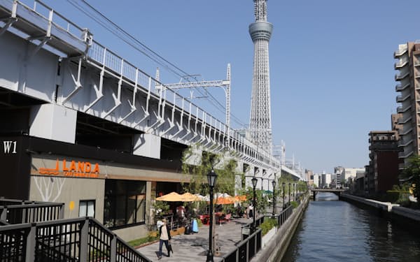 商業施設「東京ミズマチ」は隅田川にかかる「すみだリバーウォーク」の開通とともに開業した（東京都墨田区）