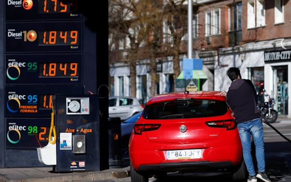 ガソリン高騰など物価上昇が個人消費の重荷に（３月、マドリード）＝ロイター