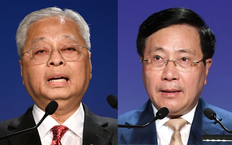 講演するマレーシアのイスマイルサブリ首相（写真左）とベトナムのファム・ビン・ミン筆頭副首相（26日、東京都千代田区）