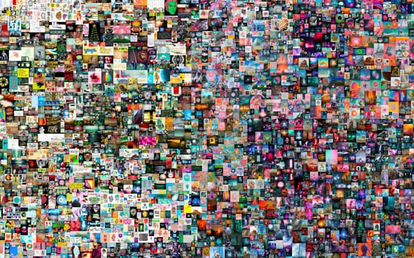 デジタルアート作家の「ビープル」が13年半かけて毎日描いた5000日分のデジタルアートをコラージュしたNFTアート。世界最大のオークション「クリスティーズ」で約6930万ドル（約90億円）で落札された話題になった
