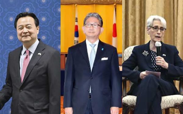 日米韓次官級協議に参加する（左から）韓国の趙賢東外務第１次官、日本の森健良外務次官、米国のシャーマン国務副長官（写真はすべて共同）