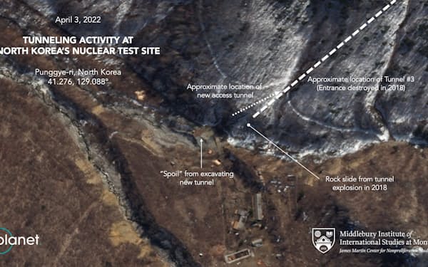 豊渓里核実験場で坑道の修復の動きがみられる＝米Planet Labs PBCの衛星画像をもとに米ミドルベリー国際大学院モントレー校が加工