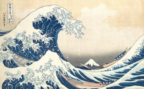 葛飾北斎の浮世絵「富嶽三十六景・神奈川沖浪裏」に描かれた大きな波は、津波と解釈されることがあるが、沖合に発生する「巨大波」である可能性が高い。（KATSUSHIKA HOKUSAI, THE METROPOLITAN MUSEUM OF ART）