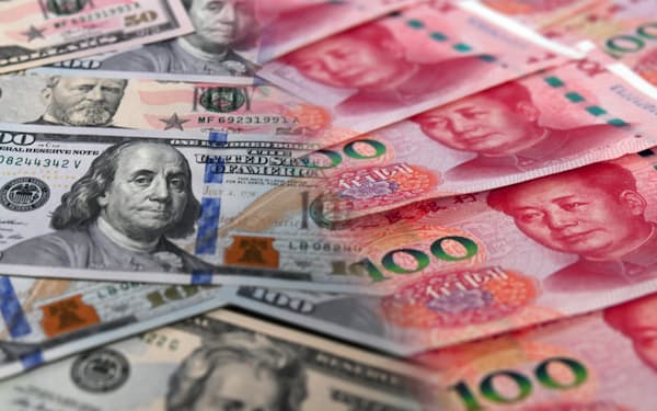 米ドル紙幣と中国人民元紙幣
