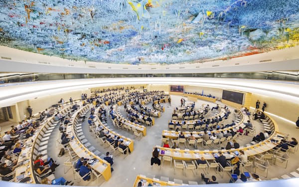 Delegates attend the opening day of the 50th session of the Human Rights Council, at the European headquarters of the United Nations in Geneva, Switzerland, Monday, June 13, 2022. (Keystone/Valentin Flauraud)