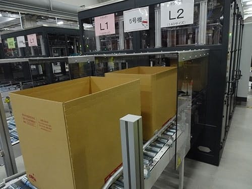 自動梱包機は、商品の量に応じて高さを調整して箱を折り曲げる