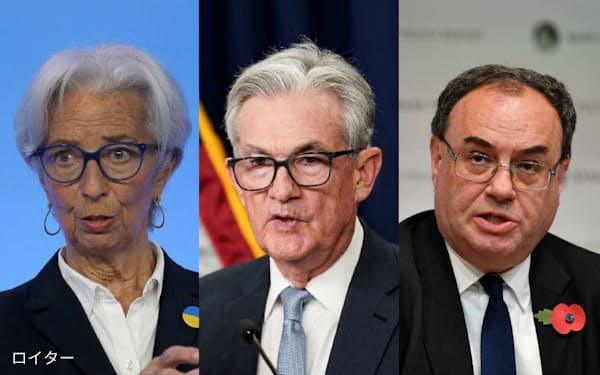 世界の中央銀行による利上げが過去最多になっている（左からECBのラガルド総裁、FRBのパウエル議長、イングランド銀行のベイリー総裁）
