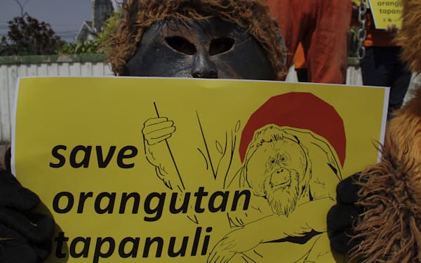 インドネシアの首都ジャカルタで開かれたタパヌリ・オランウータンの保護を訴える集会＝ＡＰ