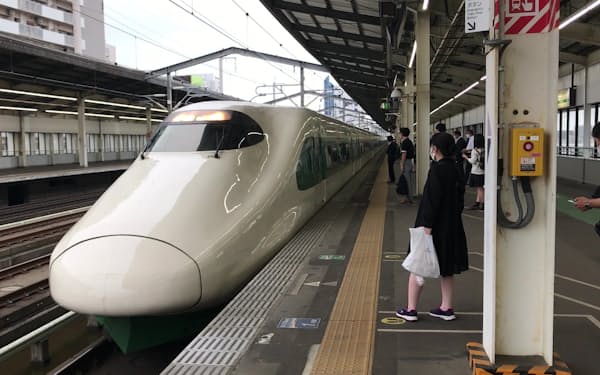 鉄道150周年と東北・上越新幹線開業40周年を記念して、懐かしい200系車両のデザインに塗装したＥ２系（宇都宮駅で）