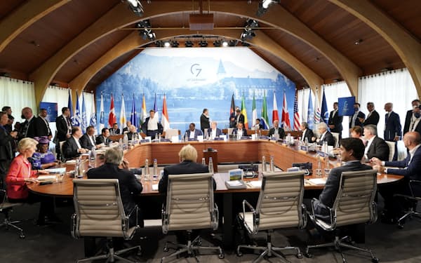 The Group of Seven leaders gather for a lunch at the Schloss Elmau hotel in Elmau, Germany, Monday, June 27, 2022, during the annual G7 summit. Joining the Group of Seven are guest country leaders and heads of international organizations. (AP Photo/Susan Walsh, Pool)