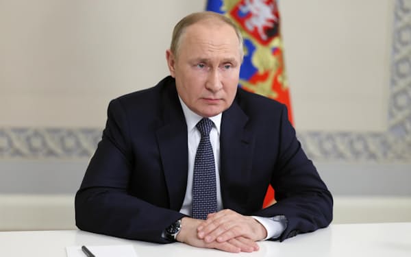 　BRICSの関連会合にオンラインで参加するロシアのプーチン大統領＝22日、モスクワ（タス＝共同）