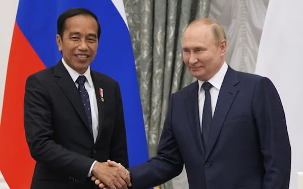 ロシアのプーチン大統領はインドネシアのジョコ大統領をクレムリンで迎えた（6月30日、モスクワ）＝ＡＰ