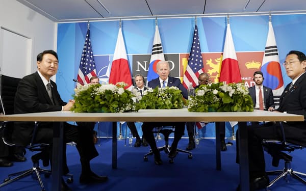日米韓首脳会談に臨む（右から）岸田首相、バイデン米大統領、尹錫悦韓国大統領（6月29日、スペイン・マドリード）＝AP