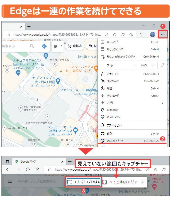 図2 Edge(エッジ)の「⋯」ボタンから「Webキャプチャ」を選ぶ(1、2)。範囲を指定したい場合は「エリアをキャプチャする」をクリック(3)。「ページ全体をキャプチャ」を選ぶと、見えていない範囲も含めてページ全体をキャプチャーできる