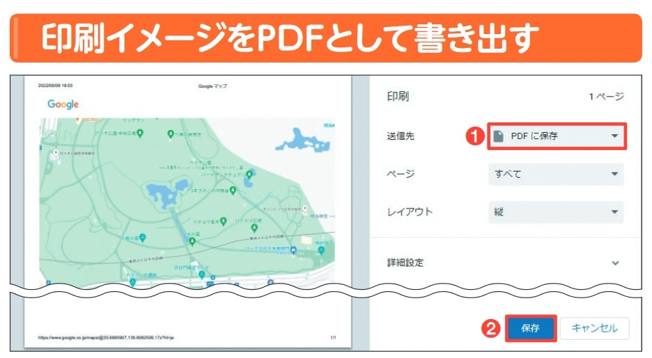 図2 目的のウェブページを開いてブラウザーのメニューから「印刷」を実行するか、「Ctrl」キーと「P」キーを押す。画面のChromeでは「送信先」を「PDFに保存」に変更(1)。Edgeでは「プリンター」欄で「PDFとして保存」を選ぶ。「保存」を押すと(2)、印刷イメージのPDFが作成される