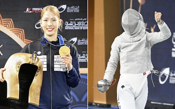 フェンシング世界選手権、女子サーブル個人で優勝した江村美咲＝いずれも共同