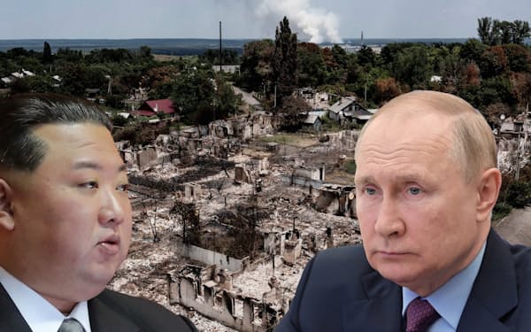 ロシアのプーチン大統領（右＝ロイター）は北朝鮮の金正恩総書記（左＝同）に近づく（背景は破壊されたウクライナ東部の住宅＝ＡＦＰ）