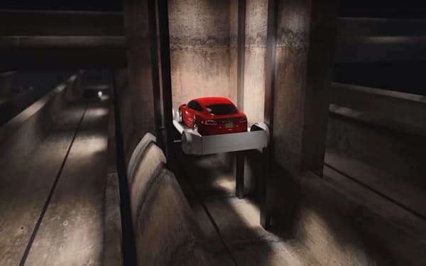イーロン・マスク氏が設立したトンネル掘削会社の米ボーリングカンパニーが2017年に公開した動画の一部。都市の地下に張り巡らしたトンネル内を、電動のモビリティーが疾走する（資料：ボーリングカンパニー）
