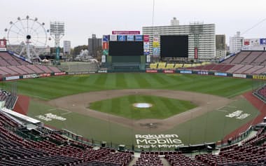 外野フェンスを最大で6メートル前に出す改修が今オフに行われる楽天モバイルパーク宮城(25日、仙台市宮城野区)=共同