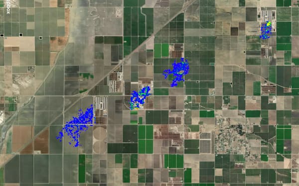 GHGSat社はウシの肥育場に漂うメタンを人工衛星でとらえた。青い部分は濃度が高い（米カリフォルニア州）＝同社提供