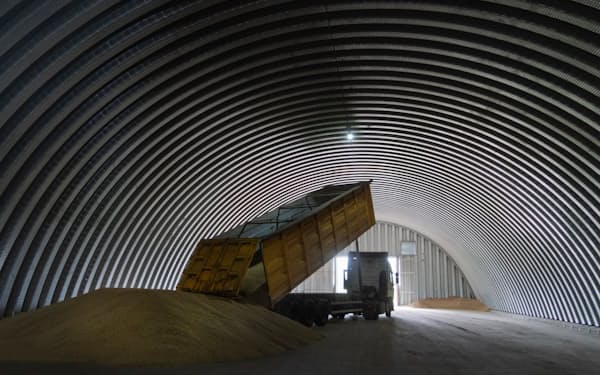 穀物や肥料の輸出制限は食糧難につながる（９日、ウクライナ中部で穀物を下ろすトラック）＝ＡＰ