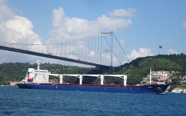 ウクライナから黒海回廊を経て穀物を運ぶ貨物船（3日、イスタンブール）