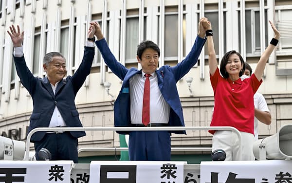 日本維新の会の代表選で街頭演説を行い、集まった人たちに手を振る（左から）馬場伸幸共同代表、足立康史国会議員団政調会長、梅村みずほ参院議員（21日午後、神戸市）＝共同
