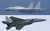 中国海軍のJ15戦闘機(写真上)と、航空自衛隊のF15戦闘機(同下)=防衛省提供