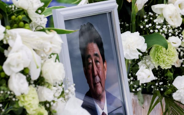 FILE PHOTO: A picture of late former Japanese Prime Minister Shinzo Abe, who was gunned down while campaigning for a parliamentary election, is seen at Headquarters of the Japanese Liberal Democratic Party in Tokyo, Japan July 12, 2022. REUTERS/Kim Kyung-Hoon/File Photo