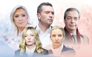 左上から時計回りに、仏RN指導者のマリーヌ・ルペン氏とバルデラ党首、ファラージ英改革党党首、ワイデル独AfD党首、メローニ伊首相(写真はロイター、右下のみAP) 左上から時計回りに、仏RN指導者のマリーヌ・ルペン氏とバルデラ党首、ファラージ英改革党党首、ワイデル独AfD党首、メローニ伊首相(写真はロイター、右下のみAP)