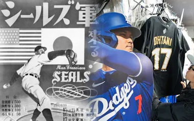 写真左は1949年、米プロ野球チーム「サンフランシスコ・シールズ」の来日ポスター(共同)