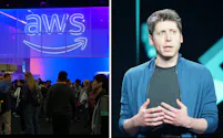 AWSのイベント会場㊧とオープンAIのサム・アルトマン最高経営責任者(CEO)
