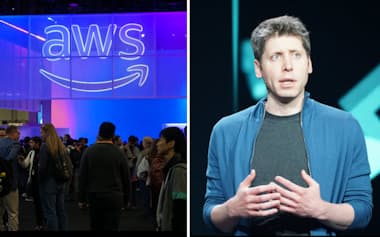 AWSのイベント会場㊧とオープンAIのサム・アルトマン最高経営責任者(CEO)