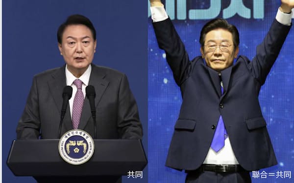 尹錫悦大統領（左）と最大野党「共に民主党」の李在明代表