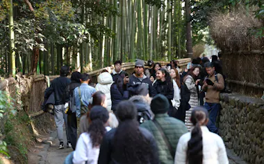 観光客でごった返す京都・嵐山の「竹林の小径」(京都市右京区)