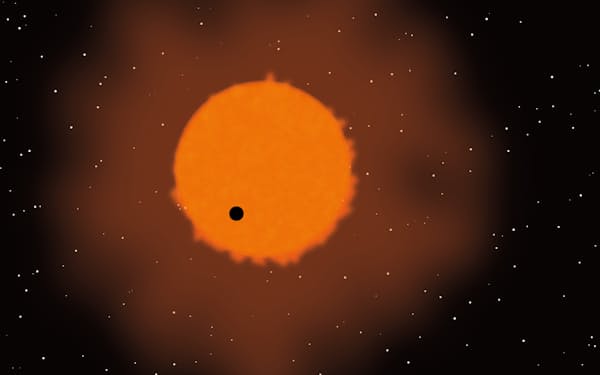 赤く輝く恒星の前を通過する惑星は黒い点のようにみえる（イメージ）＝アストロバイオロジーセンター提供