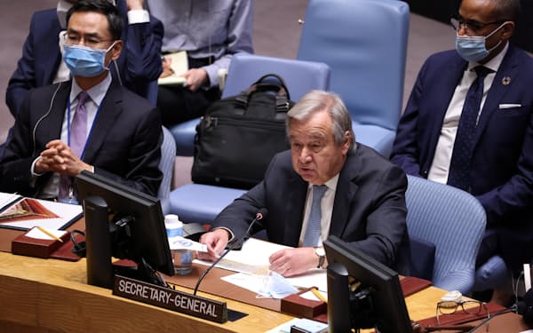 グテレス国連事務総長は原子力事故のリスクを強く警告した（6日の安保理会合）＝ロイター