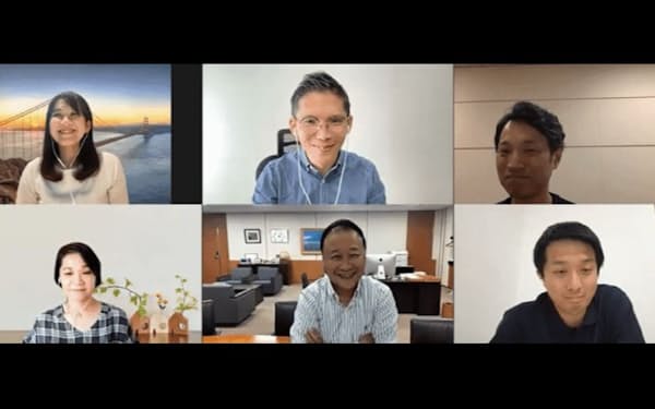 SOMPOホールディングスがオンライン実施したタウンホールミーティングでは、桜田謙悟グループCEO（6画面の中央下）が社員に「マイパーパス」の重要性を語った
