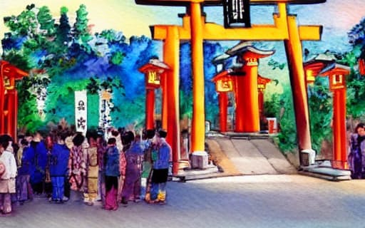 ｒｉｎｎａは日本語に特化したＡＩの画像生成モデルを公開した（画像は「夕暮れの神社の夏祭りを描いた水彩画」）