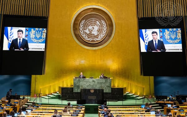 ゼレンスキー大統領はパンデミック中と同様に事前収録したビデオで演説する（20年9月）＝国連提供